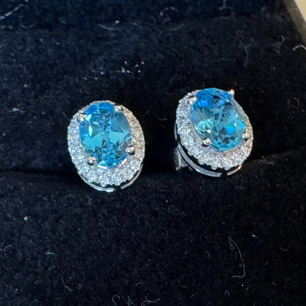 🌟SOLD🌟 14K White Gold Blue Topaz & Diamond Halo Stud Earrings